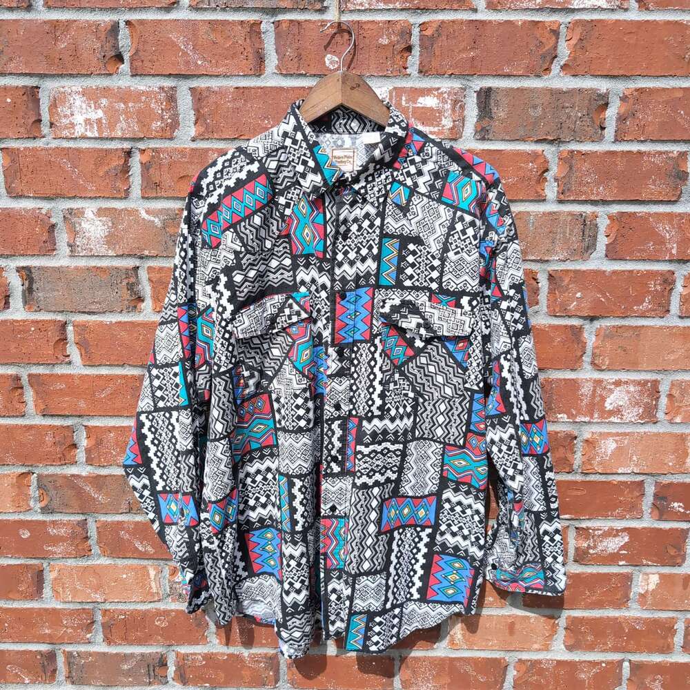 Western Plains Trading Co Aztec Print Shirt Mens XL Black Blue Cotton 90s